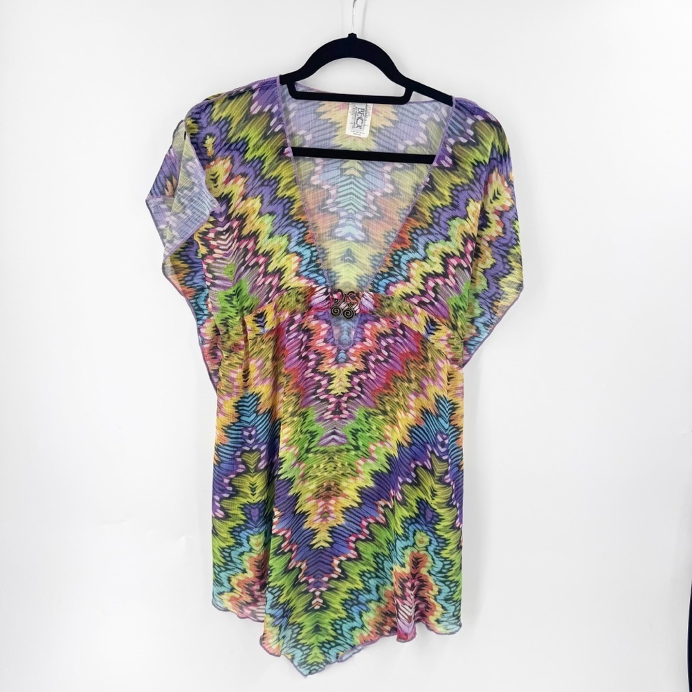 ✅ BECCA Colorful Tie-Dye BATHING SUIT COVER M/LG DEEP V FRONT